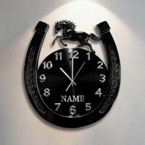 Certykllp Horloge murale en forme de fer à cheval imprimée en 2D personnalisée en acrylique avec nom pour les amateurs de chevaux, horloges décoratives pour la maison et le bureau - 7 (Certykllp, neuf)