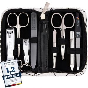 DREI SCHWERTER - Kit de manucure &laquo; Roma &raquo; &ndash; &Eacute;tui &agrave; ongles avec 8 instruments : ciseaux &agrave; ongles, ciseaux &agrave; cuticules, coupe-ongles pied/doigts, cure-ongles, pince &agrave; &eacute;piler, lime &agrave; ongles en verre, (Drei Schwerter GmbH_1, neuf)
