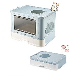 XUANYU Grande Bac à Litière pour Chat Fermée, Grande Maison de Toilette Chat Pliable avec Couvercle, Tiroir à Litière avec Pelle, WC pour Chats, Jusqu'à 7 kg/15 lbs (Bleu L-48,5×38×36,5 cm) (XUASHW, neuf)
