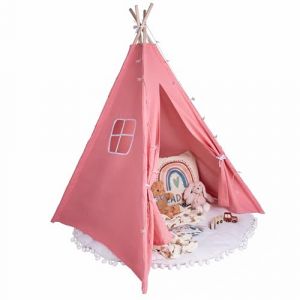 Relsy Tente tipi rose pâle pour enfants | Tipi de jeu pop-up pour filles et garçons 140 x 120 cm toile de coton avec étoiles lumineuses et accessoires de tapis (RELSY, neuf)