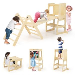 COSTWAY 7 en 1 Triangle d'escalade Montessori avec Rampe R&eacute;versible, Tour d&rsquo;Apprentissage Montessori en Bois avec Tableau Noir, Table et Chaise, Charge 60kg pour Enfants de 3-14 Ans (Naturel) (FDS GmbH, neuf)