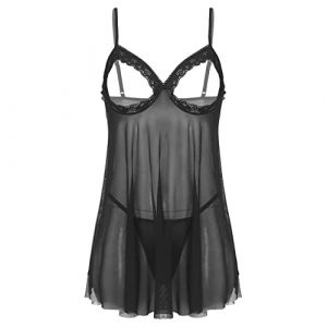 JEATHA Lingerie Femme Sexy Robe De Chambre Transparente Chemise De Nuit Ouvert avec String Nuisette Erotique Noir XL (JEATHA EU, neuf)