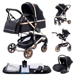 GLOKID Poussette 3 en 1，Poussette Canne，Trio，Avec Siège Accessoires，Adaptateurs Universels，Landau Bébé jusqu'à 25 kg，4 roues avec amortisseurs，Nacelle，Grandes Roues，pliage d'un clic (739 Noir or) (EUCHILDREN, neuf)