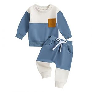Carolilly Ensemble Vêtement Enfant Bébé Garçon de 2 Pièces, Sweats à Manches Longues + Pantalon Taille Elastique (0-3 Ans) (Bleu Blanc A, 6-12 Months) (La Vie Brillante, neuf)