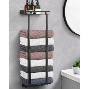 LIVEHITOP Porte Serviette Murale, Porte Serviette Salle de Bain Auto-adhésif 81CM Extensible Pôle 41-72CM Noir avec Étagère Crochets (LIVEHITOP-EU, neuf)