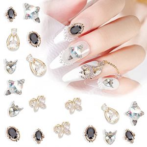 NICENEEDED 18Pcs Nail Art Charmes, Alliage de Zircon D'Art D'Ongle de Luxe Noir Argenté 3D avec des Strass Brillants, Bijoux pour Ongles en Alliage Métallique avec Diamant (Niceneeded FR, neuf)