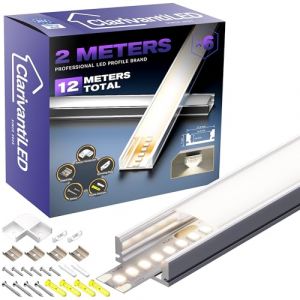 2m*6 Profilé Aluminium LED Rail avec Diffuseur Goulotte Profile Alu pour Ruban cache LED Profil en U Installation Facile Support bande baguette Couvercle Blanc Embouts Clips Montage encastrable placo (ClarivantiLED, neuf)