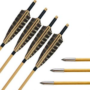 SHARROW 6pcs Tir à l'arc Flèches en Bois 31 Pouces Fait Main avec 5" Plumes de Flèche Naturelles Pointe de Flèche Têtes pour Arc Classique Recurve Arc Composé Longbow (modèle 3) (AME Archery Shop, neuf)