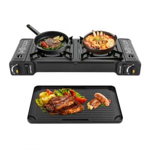 R&eacute;chaud &agrave; gaz portable avec plaque de cuisson, r&eacute;chaud de camping, 2 feux, four butane de camping pour trekking, pique-nique, RV (JDBOUA, neuf)