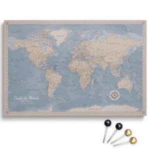 Toile personnalisable motif carte du monde en liège à épingler, parfaite pour les voyageurs et la décoration murale – tableau décoratif sur toile, 100 punaises inclus (Design 6 FR, 120x80 cm) (Pinmap, neuf)