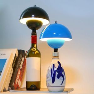 Starnearby Lampe de Bouteille Sans Fil Rechargeable, Lampe de Table Bouteille LED Tactile Forme de Champignon, Lampe de Chevet Portable, Dimmable 3 Couleurs pour Bar, Restaurant, Maison (Bleu) (Pasercvxzoreso, neuf)