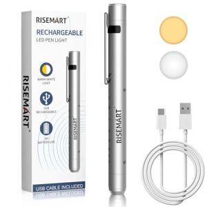 RISEMART Lampe de diagnostic pupille avec appareil de mesure de la pupille et r&egrave;gle, blanc chaud/froid, rechargeable par USB, lampe stylo LED pour infirmi&egrave;re, &eacute;tudiant, m&eacute;decin (argent&eacute;) (RISEMART-EU, neuf)