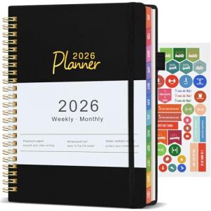 Agenda 2026 Semainier A5, Agenda Scolaire 2026 - Couverture Rigide Spirale, Agenda Journalier avec Poche, Porte-stylo Clip et Autocollants, D'Jan 2026 &agrave; D&eacute;c 2026-12 Mois, Anglais (Noir) (Jukibole, neuf)