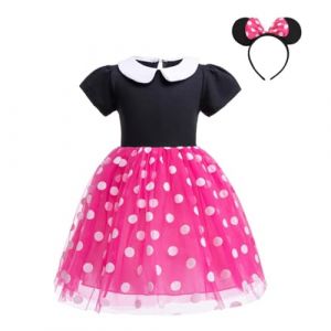 Lito Angels Deguisement Robe Princesse Minnie Mouse avec Oreilles de Souris Serre-Tete pour Enfant Filles Taille 5-6 Ans, Pois Rose Chaud (étiquette en Tissu 130) (Lito Angels FR, neuf)