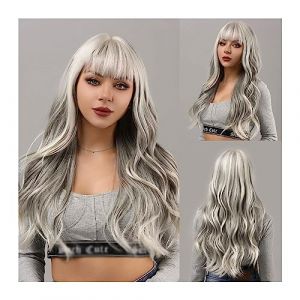 Perruques Cheveux Humains Longue perruque naturelle ondulée gris argent femme frange synthétique Cosplay fête usage quotidien résistant à la chaleur Perruques pour femmes (wufengjingqian, neuf)