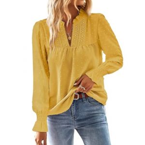 TUUHAW Chemise Femme Chic et &Eacute;l&eacute;gant Automne Oversize Manches Longues Boh&egrave;me Top Col en V Manche &agrave; Volants Dentelle Haut T-Shirts &agrave; Point Suisse D&eacute;contract&eacute; Fluide Tunique Jaune 3XL (TROFANO, neuf)