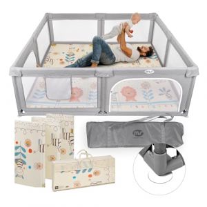 MS BabyWorld - PARC XXL + TAPIS FANCY - Tapis de Jeu pour Bébé (180x200 cm) Réversible | Très Rembourré (1,5 cm d’Épaisseur) | Pliable avec Sac de Transport (SLEEP & PLAY, neuf)