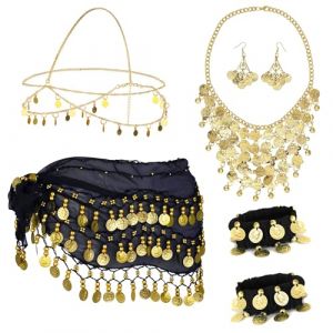 7 Pièces Ceinture Danse Orientale Femme, Ceinture pour Danse du Ventre avec Boucles d'oreilles en Pièces d'or, Collier, Bracelets et Coiffe, Danseuse du Ventre Bijoux, pour Spectacles de Scène (WUFENG DONG LIMITED, neuf)