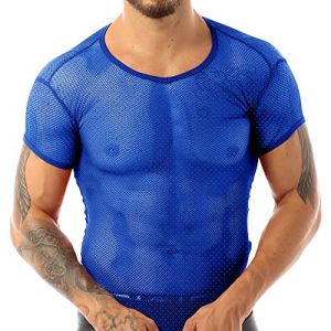 Hommes Voir &agrave; Travers Manche Courte Engrener Tee Shirts Ajust&eacute; en r&eacute;sille Chemises Muscle T-Shirts Bleu L (MUSCLE ALIVE, neuf)