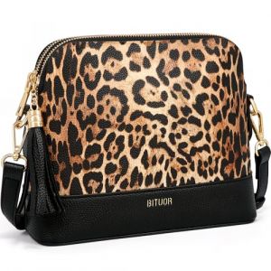 BITUOR Sac à bandoulière imprimé léopard, 23 x 18 x 8 cm, bordure en cuir noir, accents de pompons, bandoulière réglable (Léopard Noir) (Guangzhoushitaichenmaoyiyouxiangongsi, neuf)