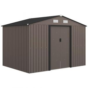 Outsunny Abri de jardin en acier galvanis&eacute; XXL 5,4 m&sup2; avec kit de fondation 277 x 195 x 192 cm, cabane de jardin cabanon rangement outils avec portes coulissantes verrouillables et 4 a&eacute;rations, marron (Aosom FR, neuf)