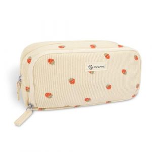 FINPAC Trousse, Trousse Scolaire en Velours Côtelé 3 Compartiments, Trousse à Crayons Portable Le Bureau, Trousse avec Poche Zippée pour Collège étudiants Fille Garçon Adolescent (Fraise) (Kenobee-EU, neuf)