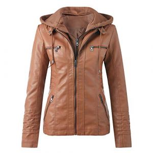Veste en Cuir Femme Veste Biker Blouson Style Motard pour Femme en Imitation Cuir À Manches Longues Zip Jacket Femme Slim Fit Faux Leather Mi Saison Manteau de Moto Col Montant (UoUa1245, neuf)