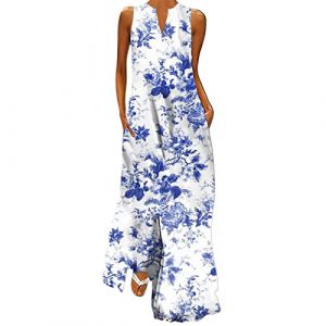 Robe Longue été Femme Grande Taille Été Bohème Chic Manches 3/4 Impression Maxi Robe Décontractée Robe Longue Elegante Robe De Plage Swing Robe Vacances Robe Gatsby Femme Annee 20 (BAULMD（90% Big Promotion Without Discount Code ）, neuf)