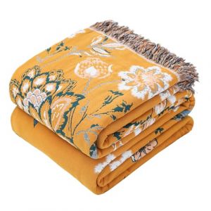 VANJOROY Jet&eacute; de canap&eacute; Boh&eacute;mien, grand, 100 % coton biologique, doux, double face, jet&eacute; boh&egrave;me pour 2-, 3-places, fauteuil, canap&eacute; et couvre-lit, 230 x 250 cm, Jaune (Vandhero, neuf)