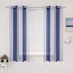 MIULEE Rideaux Voilage &agrave; Rayures Blancs et Bleu Marine, Voilages Int&eacute;rieurs avec Oeillets, Beaux Voile Rideau Voilage Fenetre Chambre, Lot de 2 Transparent Rideaux Salon Hauteur 175 CM Voilage Court (MIULEE HOME, neuf)