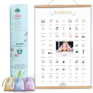 AFFICHE MES PREMIERES FOIS : cadeau naissance pour bébé Fille Garçon, cadeau baby shower, Boite a souvenir bebe, kit naissance, future maman (COFFRET AFFICHE + BAGUETTES + STYLOS) (CAMIA Loving Babies, neuf)
