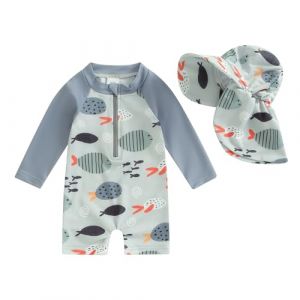 HodJIU Maillot de Bain B&eacute;b&eacute; Gar&ccedil;on Anti-UV Imprim&eacute; Dinosaure &agrave; Manches Courtes Costume de Bain Piscine Plage Surf (Gris avec Chapeau, 12_months-24_Months) (Haikouxunchuanhandianzishangwuyouxiangongsi, neuf)