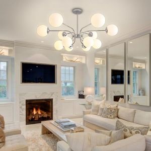 LYSDjia Lustre Spoutnik moderne 12 lumières avec abat-jour globe en verre opale blanc de 15cm plafond plat et incliné hauteur réglable pour cuisine salon salle à manger chambre à coucher Suspension(Ch (LYSDjia-FR, neuf)