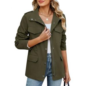 CMTOP Veste Femme mi Saison Court L&eacute;ger Blouson en Coton, D&eacute;contract&eacute; &Eacute;l&eacute;gante Jacket Saharienne Veste Manteau avec Multi Poches pour Printemps &Eacute;t&eacute; Automne(Vert Militaire,XXL) (Lemens, neuf)