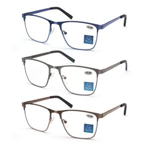 MODFANS 3 Paire de Lunettes de Lecture 3.5 Homme Anti Lumiere Bleue - Monture Rectangle en Metal Acier Inoxydable Lunettes de Vue Lunettes Loupe Gris-Bleu-Marron (MODFANS-US EYEWEAR, neuf)