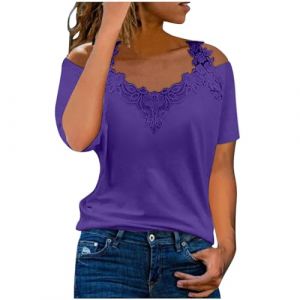 Haut Femme Dentelle, Tee Shirt Blanc Épaules Dénudées-Top Sexy Manche Courte Couleur Unie Épissage Chemisiers Chic Et Elegant Basique Blouses Casual Comfy Regular Fit Tunique (LOSSLO(Livraison 5-14 jours), neuf)