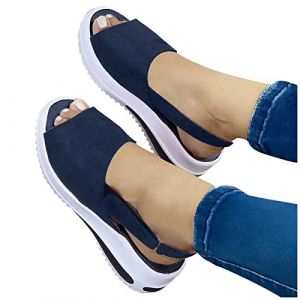 Sandale Femme Compensées Confort Mules Été Et N u-Pieds Plateforme Plate Chaussures Bout Fermé Sandale Bride Cheville Noir Été Espadrille Compensées Plateforme Plates Chaussures à Bout (Blue-F, 38) (geherl, neuf)