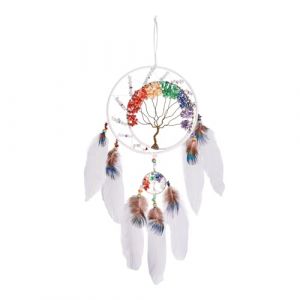 7 chakras blanc arbre de vie attrape-rêves décoration murale avec arc-en-ciel guérison pierre cristal fait à la main plume attrape-rêves décoration murale pour chambre à coucher décoration bénédiction (PrettyJolly, neuf)