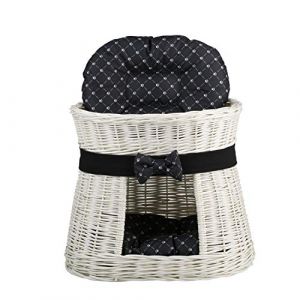 e-wicker24 Panier, Maison en Osier à Deux étages, Panier Osier Blanc avec lit au Dessus et 2 Coussins Noirs imprimé Petits Pieds de Chats, Tour pour Chat. (e-wicker24, neuf)