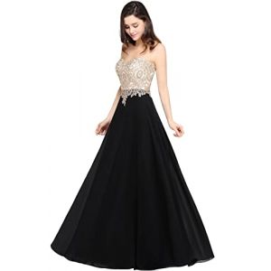 Misshow Robe de Cocktail Longue Sexy Bustier avec Appliques El&eacute;gante &agrave; Fleurs Robe Femme Longue Chic Mousseline Soir&eacute;e Noir 34 (Cifucheng, neuf)