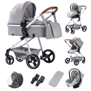 Kakbgee Poussette Combinée 3 en 1, Portable Poussettes Citadines Avec Siège Auto ECE R129, Poussette Pliante en un Clic, Landau Réversible à Haute Visibilité Avec Cadre en Aluminium, Pour Nouveau-né (Kakbgee, neuf)