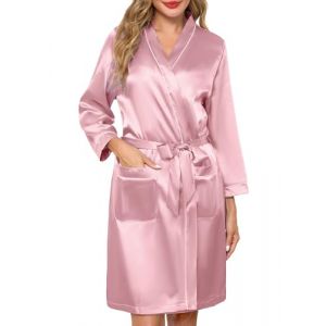 Sopesil Peignoir de Bain Femme en Satin Robe de Chambre Courte Femme Kimono de Mari&eacute;e Robe de Soir&eacute;e &Eacute;l&eacute;gante F&ecirc;te Col V et avec Poches Rose L (Sopesil Direct, neuf)