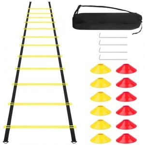 Kit Accessoires Entra&icirc;nement Football, avec 6M &Eacute;chelle Agilit&eacute;, 12 C&ocirc;nes, 4 Poteaux, 1 Sac Rangement, Echelle Coordination, &Eacute;quipement Entra&icirc;nement Vitesse pour Jeunes, Adultes, Basket-ball, Athl&egrave;tes (Aurobest, neuf)