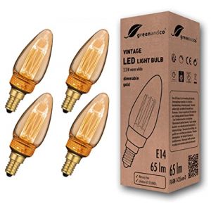 greenandco 4x Ampoule à LED dimmable décorative style vintage E14 C35 2,3W 65lm 1800K (blanc très chaud) 320° 230V, ambre,aucun scintillement (greenandco-fr, neuf)