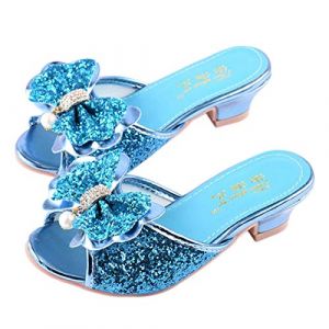 Monissy Sandale à Talon Haut Mules Bouche de Poisson Argenté Paillette Noeuds Métal Crystal Incrusté Perle Fille Princesse Déguisement Chaussures de Danse Noël Halloween, Bleu, 31 EU (Monissy, neuf)