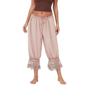ThiCc Pantalon long bloomer pour femme - Bordure en dentelle - Pantalons victoriens Y2K - Taille &eacute;lastique - Volants - Confortable - Capri taille mi-haute pour la maison (piaopiaostore, neuf)