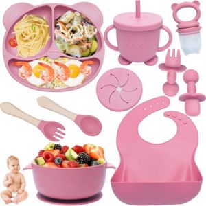 Kinyoda Coffret Repas Bebe 10 Pièces, Assiette bebe Set Vaisselle Antiderapant Silicone avec Ventouse Assiette Bol Fourche Cuillère Bavoir et Tasse, Enfant Set Couverts Vaisselle, Sans BPA, Rose (JYD Direct, neuf)