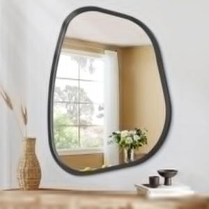 HLFMVWE Grand Miroir asymétrique Noir - 60 x 45 cm - Miroir Mural Ovale irrégulier - Cadre en Bois Moderne - Vanité - Miroir Artistique décoratif pour Salon, Chambre à Coucher, Salle de Bain (HLFMVWE, neuf)