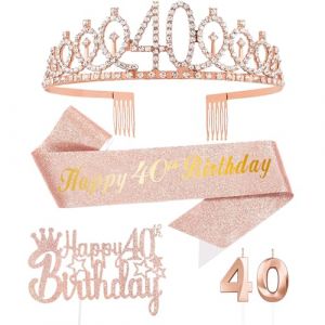 Or Rose 40 Ans Decoration Anniversaire, Inclus 40 ans Echarpe et Couronne Anniversaire,Bougie,Happy Birthday Cake Toppers Decoration Fille Femme (CHENHANGMAOYI, neuf)