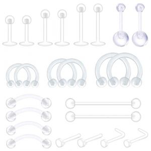 BZKSER Piercing- 24 Pcs Piercing Plastique Retainers Piercing Transparent Invisible Nez Labret Oreille Nombril L&egrave;vre Septum Helix Silicone Barre Langue T&eacute;ton Tragus (tongshanfenhedianzishangwuyouxiangongsi, neuf)